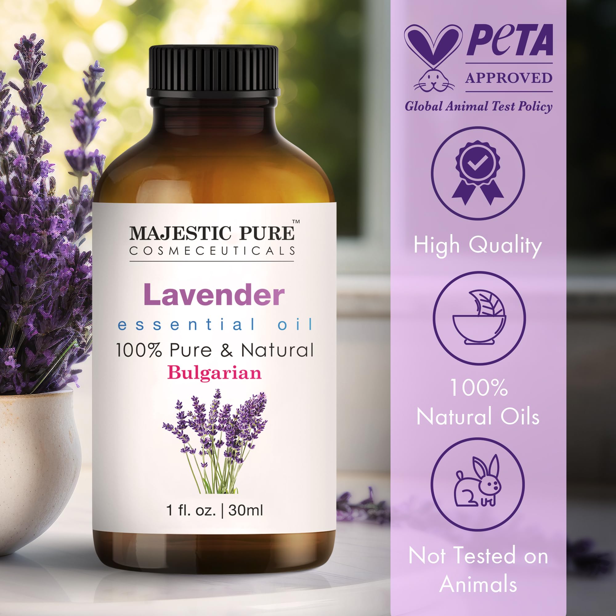 Majestic Pure Lavender Oil bottle close-up with glass dropper