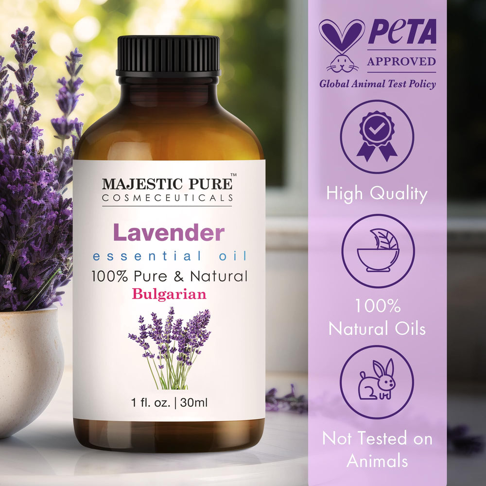 Majestic Pure Lavender Oil bottle close-up with glass dropper