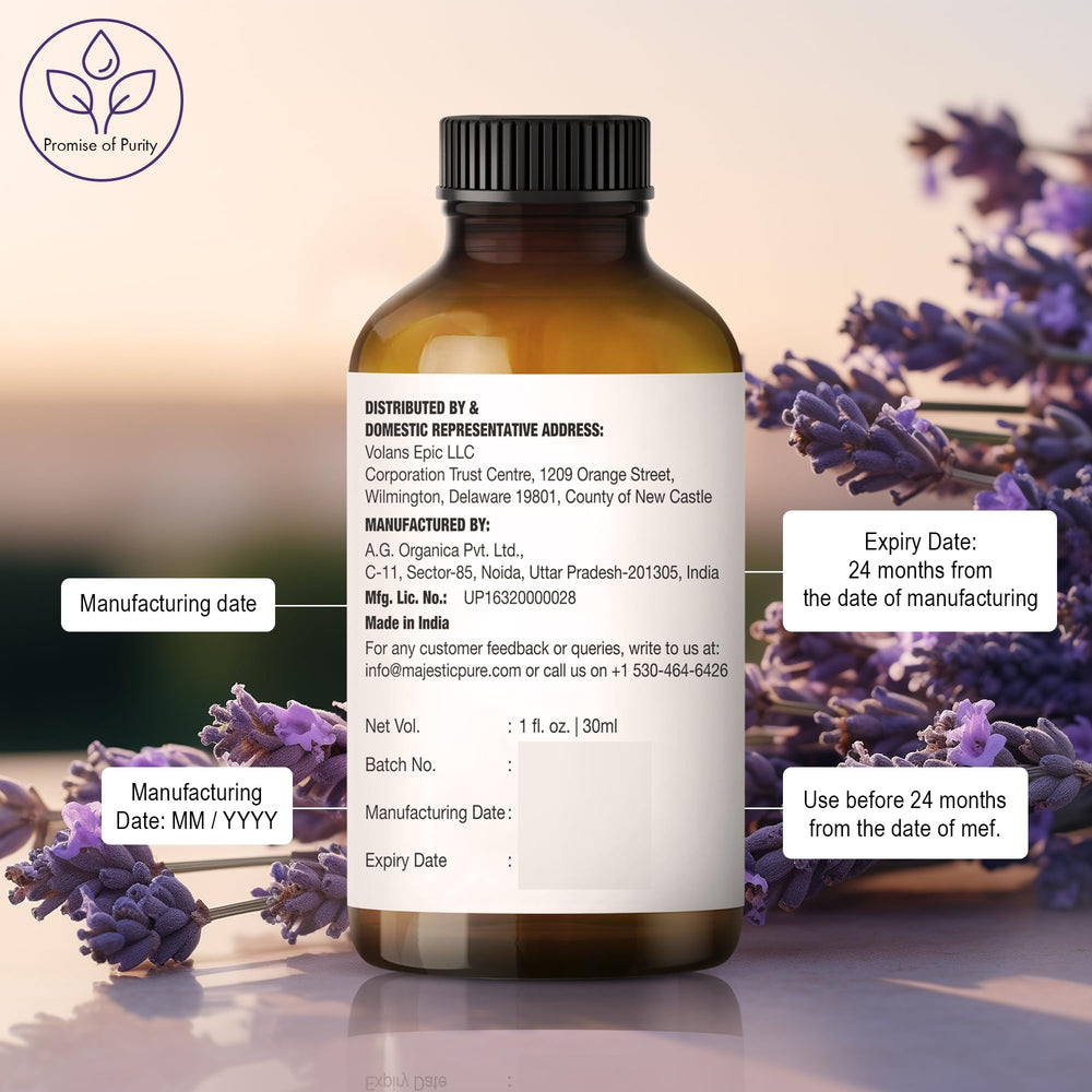 Majestic Pure Lavender Oil label highlights purity and laboratory testing