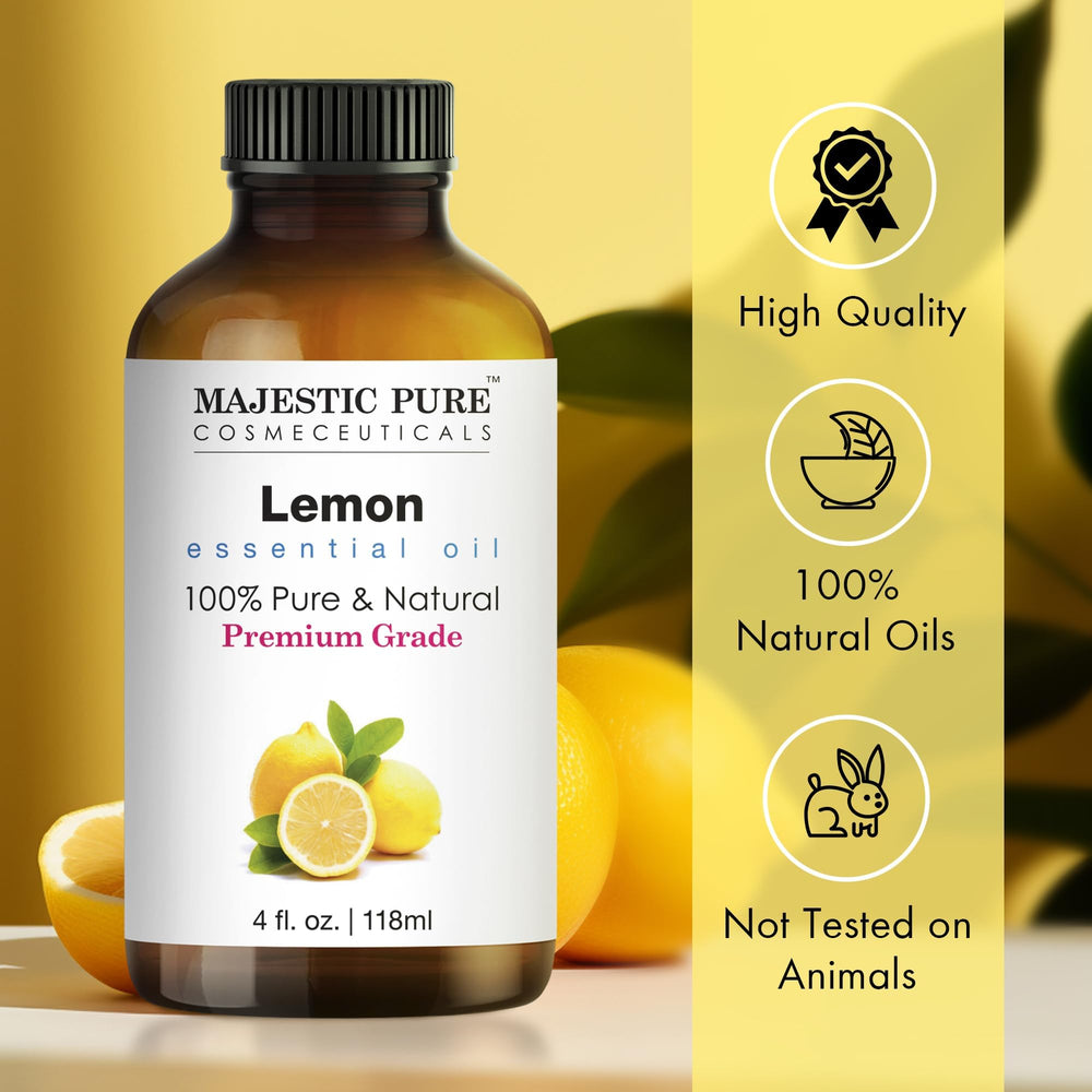 Majestic Pure Lemon Oil bottle with label shows global sourcing