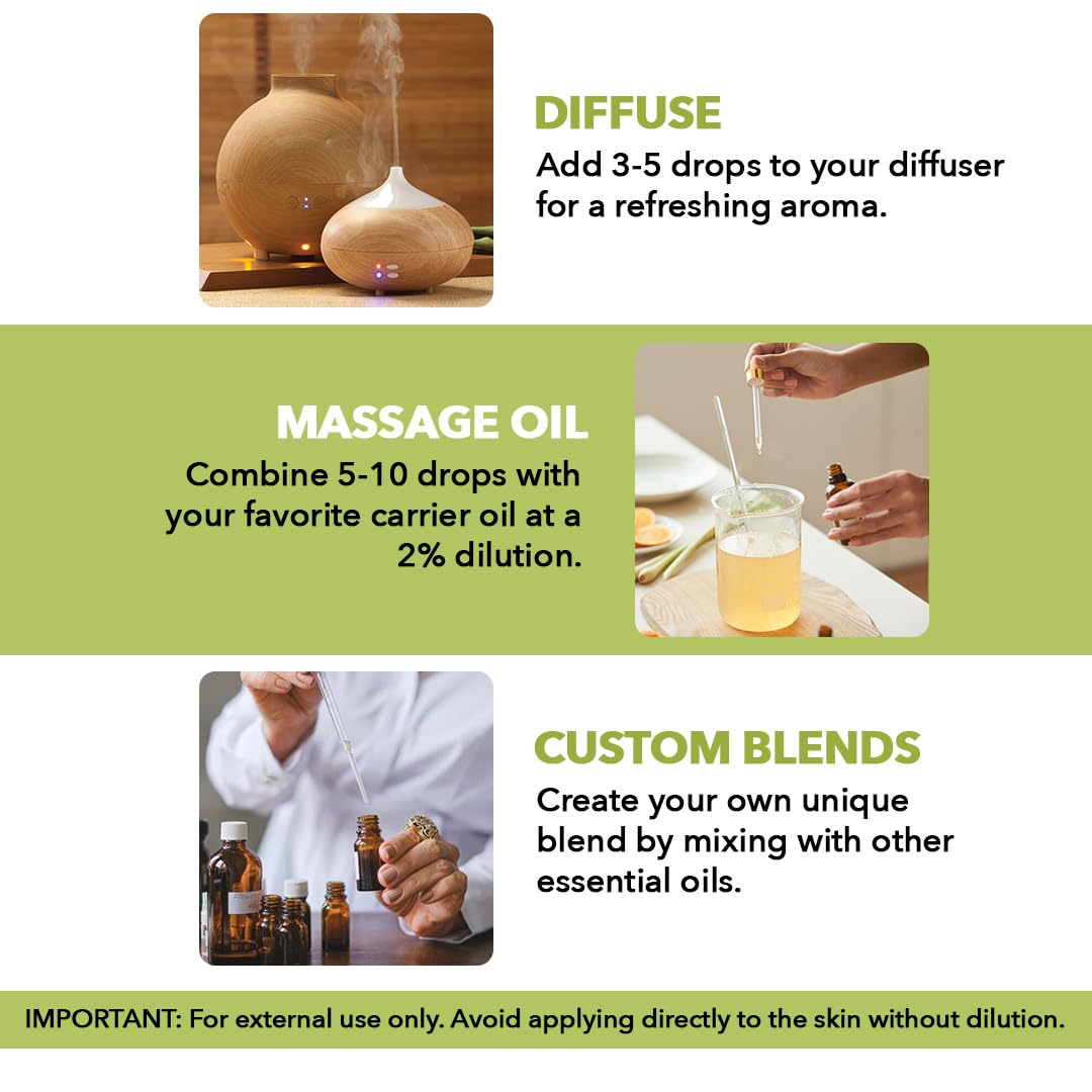 Majestic Pure lemongrass oil diffuser-ready bottle emits a fresh grassy scent.