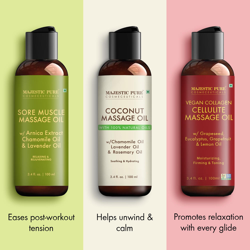 Majestic Pure massage oil set trio shown together for versatile at-home spa rituals