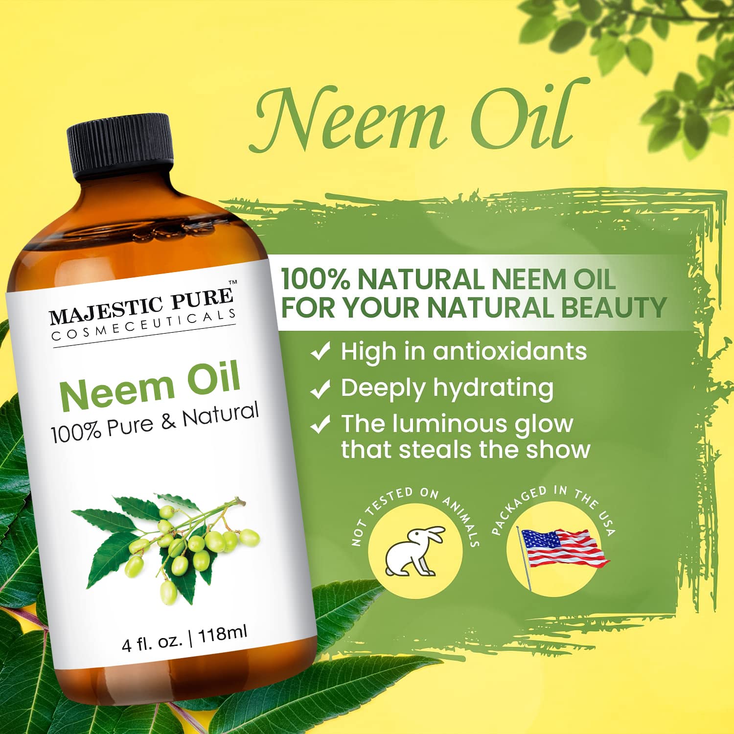 Majestic Pure Neem Oil label detail highlights quality and natural sourcing.