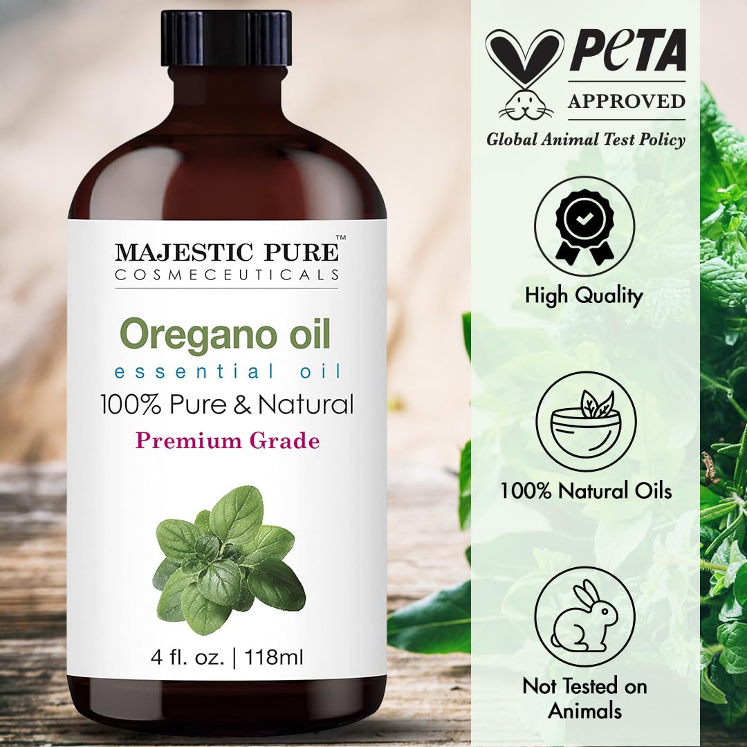 Majestic Pure oregano oil label close-up confirms purity and branding for safe use.