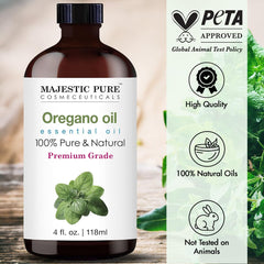 Majestic Pure oregano oil label close-up confirms purity and branding for safe use.