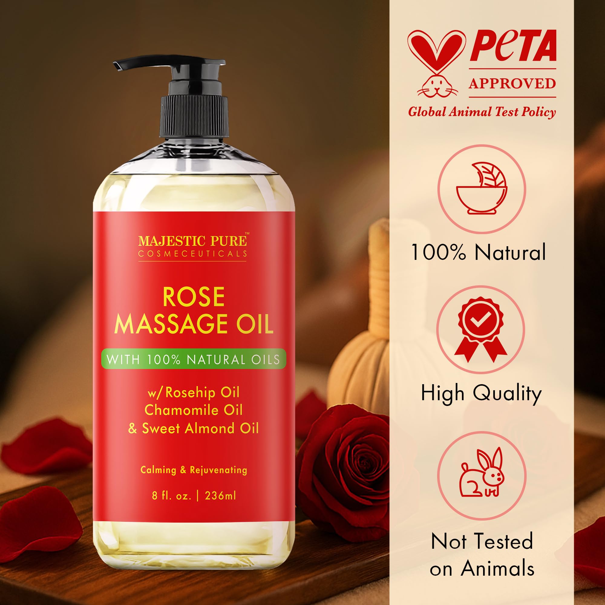 Majestic Pure Rose Massage Oil being poured demonstrates smooth application.