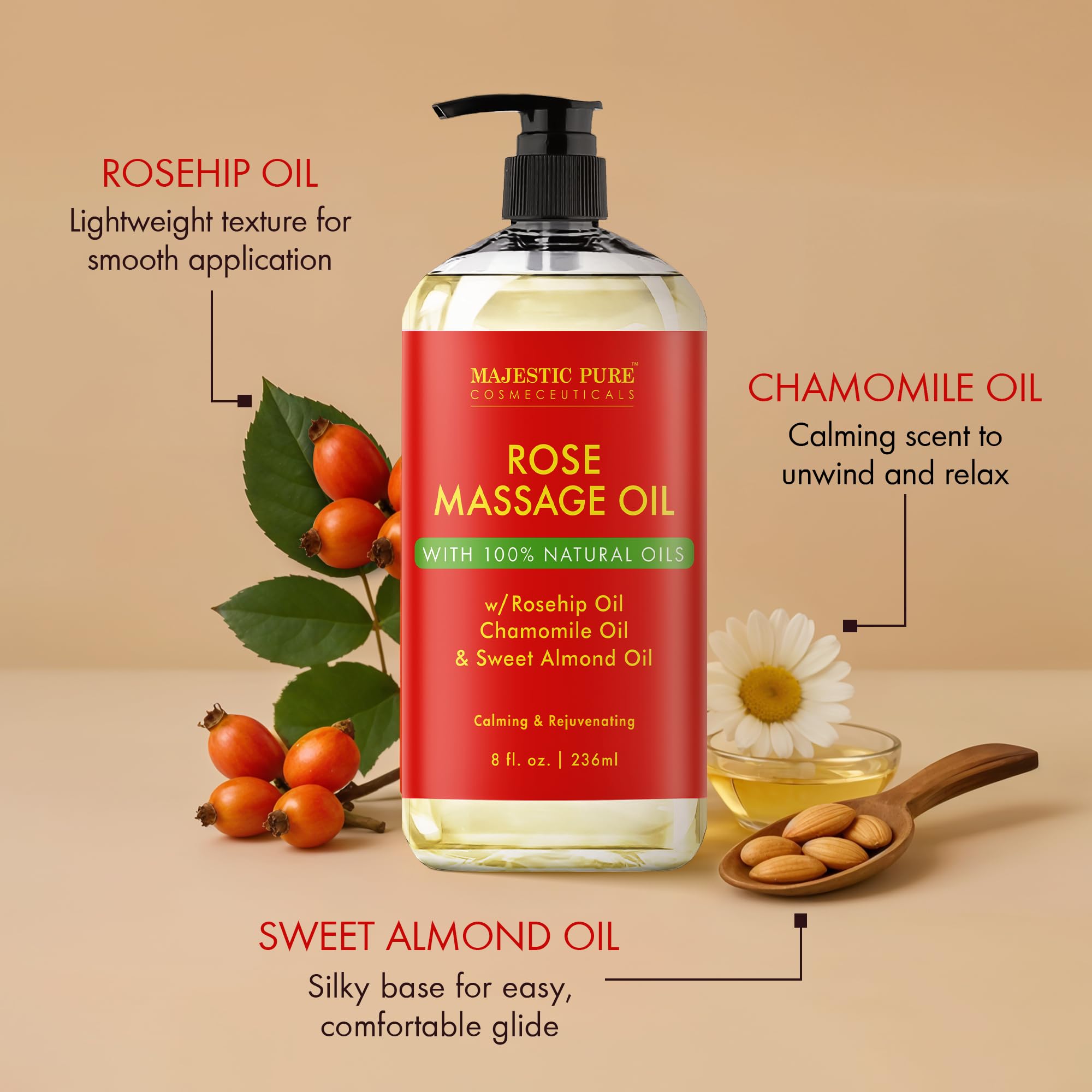 Majestic Pure Rose Massage Oil amber bottle highlights premium packaging and safety.