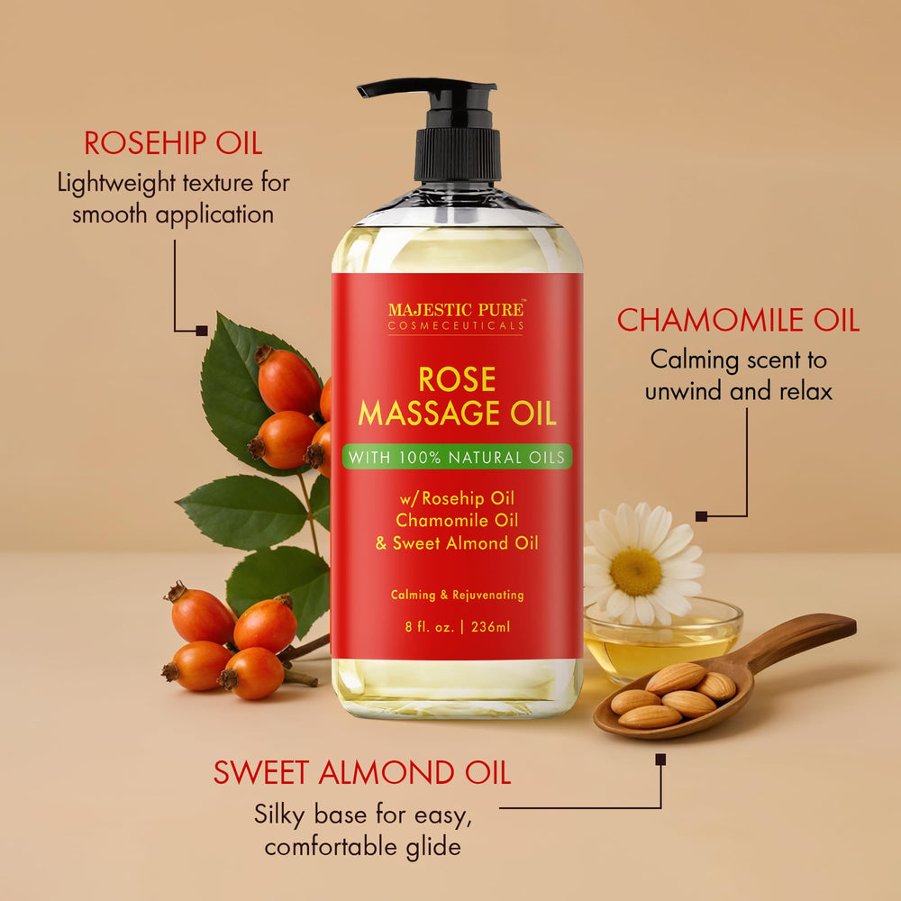 Majestic Pure Rose Massage Oil amber bottle highlights premium packaging and safety.