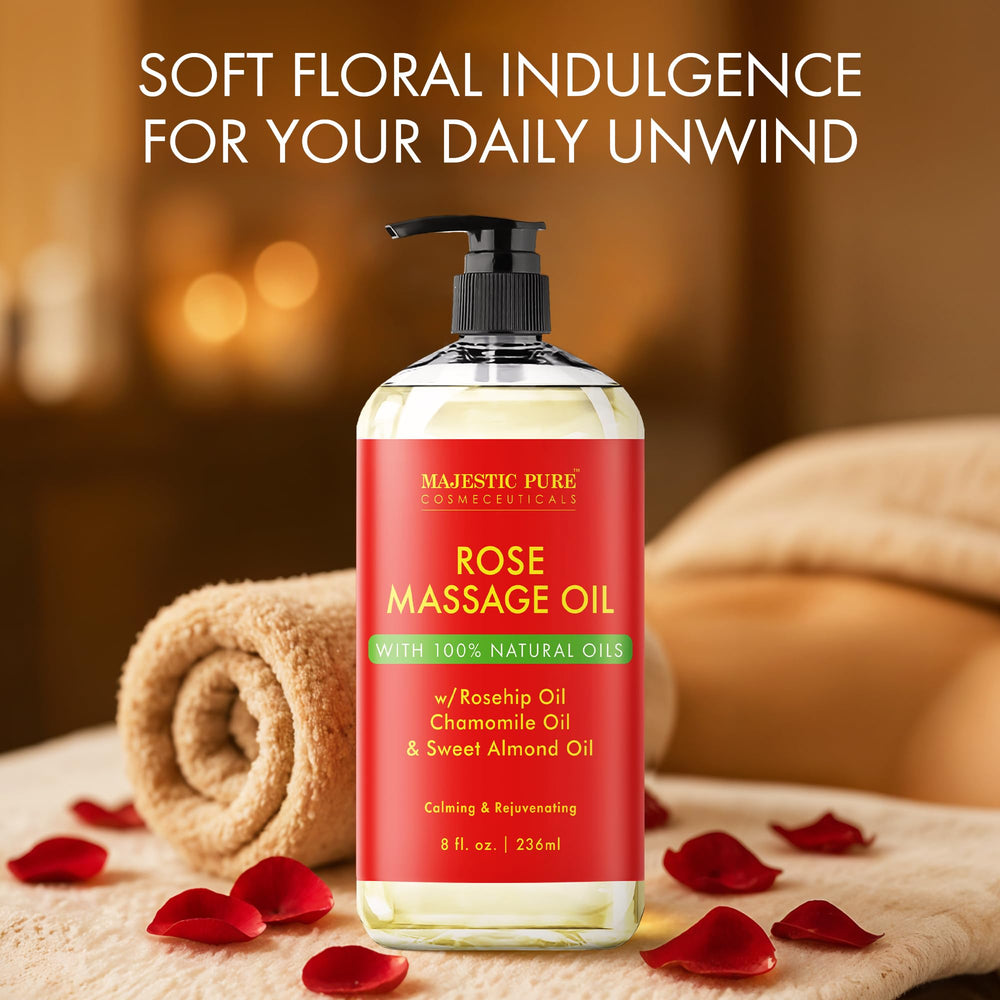 Majestic Pure Rose Massage Oil close-up shows natural oils and soothing aroma.