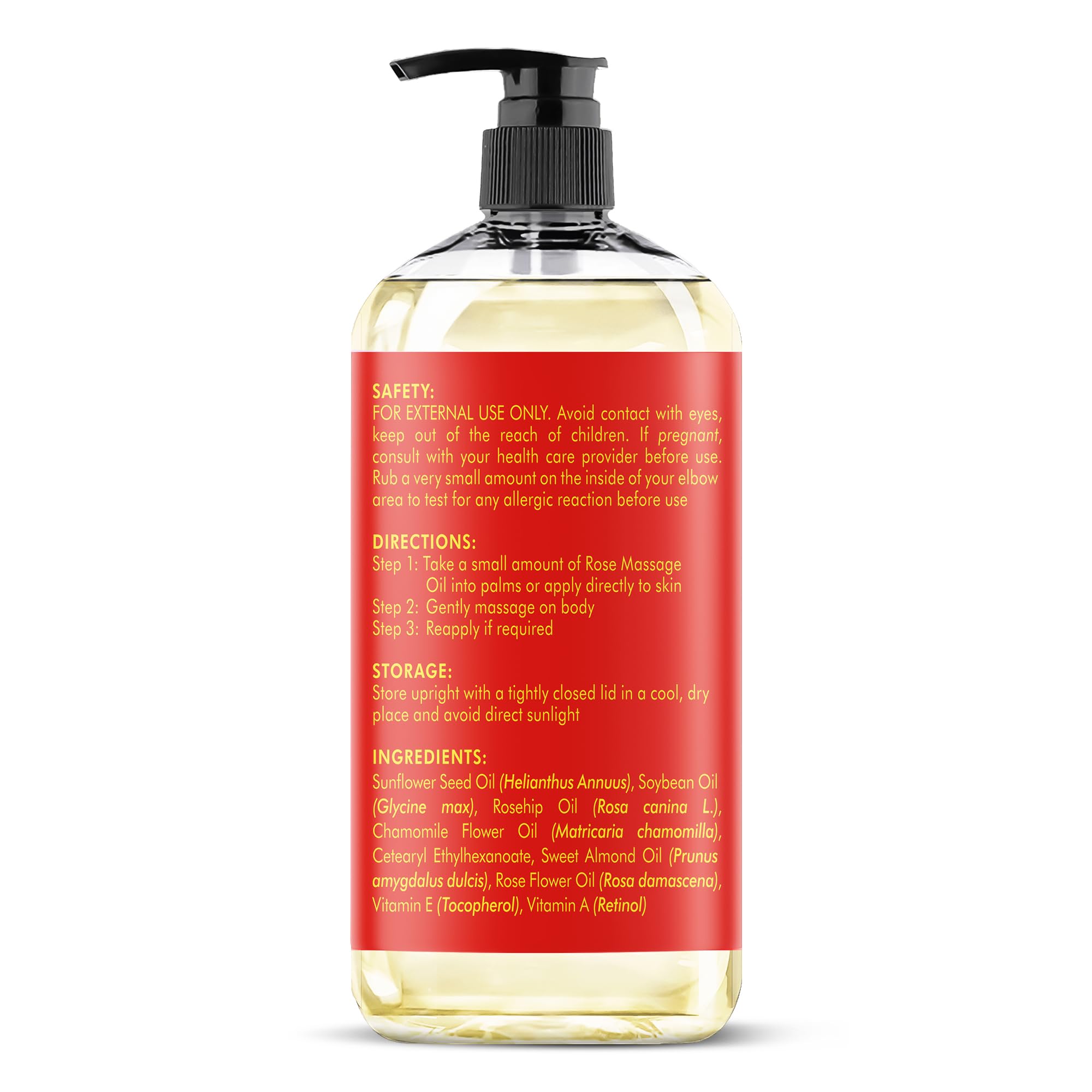 Majestic Pure Rose Oil close-up with rose petals and silky texture.