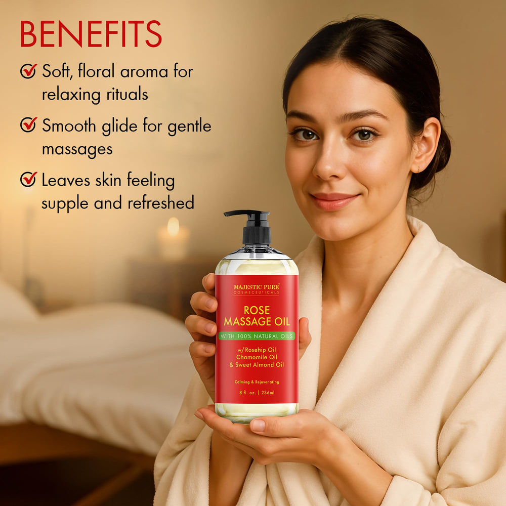Majestic Pure Rose Oil used in skin and hair care routines for hydration.