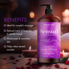 Majestic Pure Sensual Massage Oil spread on skin highlights lavender aroma and softness