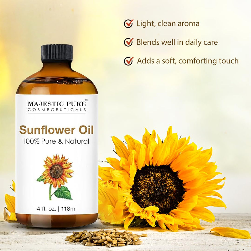 Close-up of Majestic Pure sunflower oil highlighting golden color and clarity.
