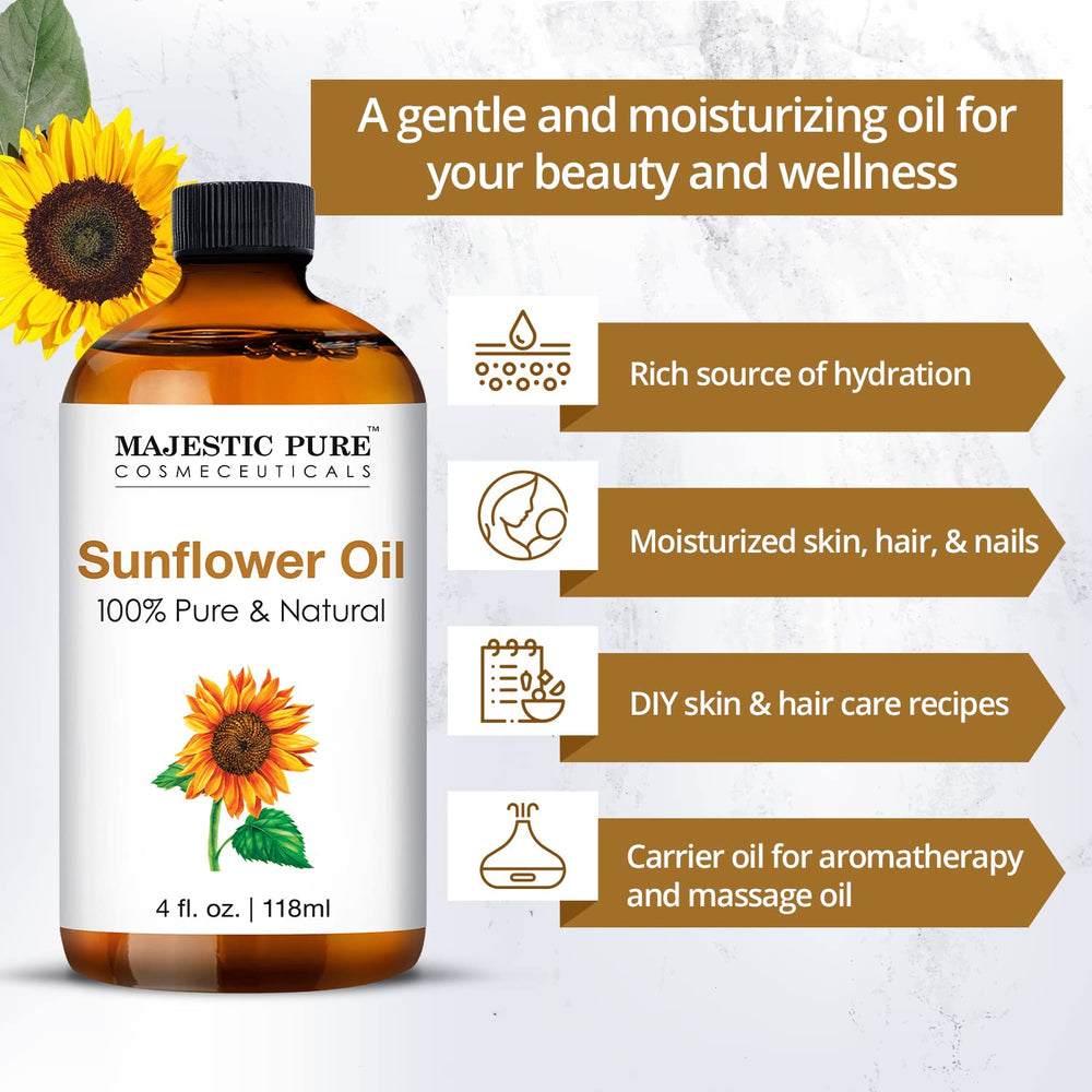 Amber Majestic Pure sunflower oil bottle with dropper protects quality during storage.