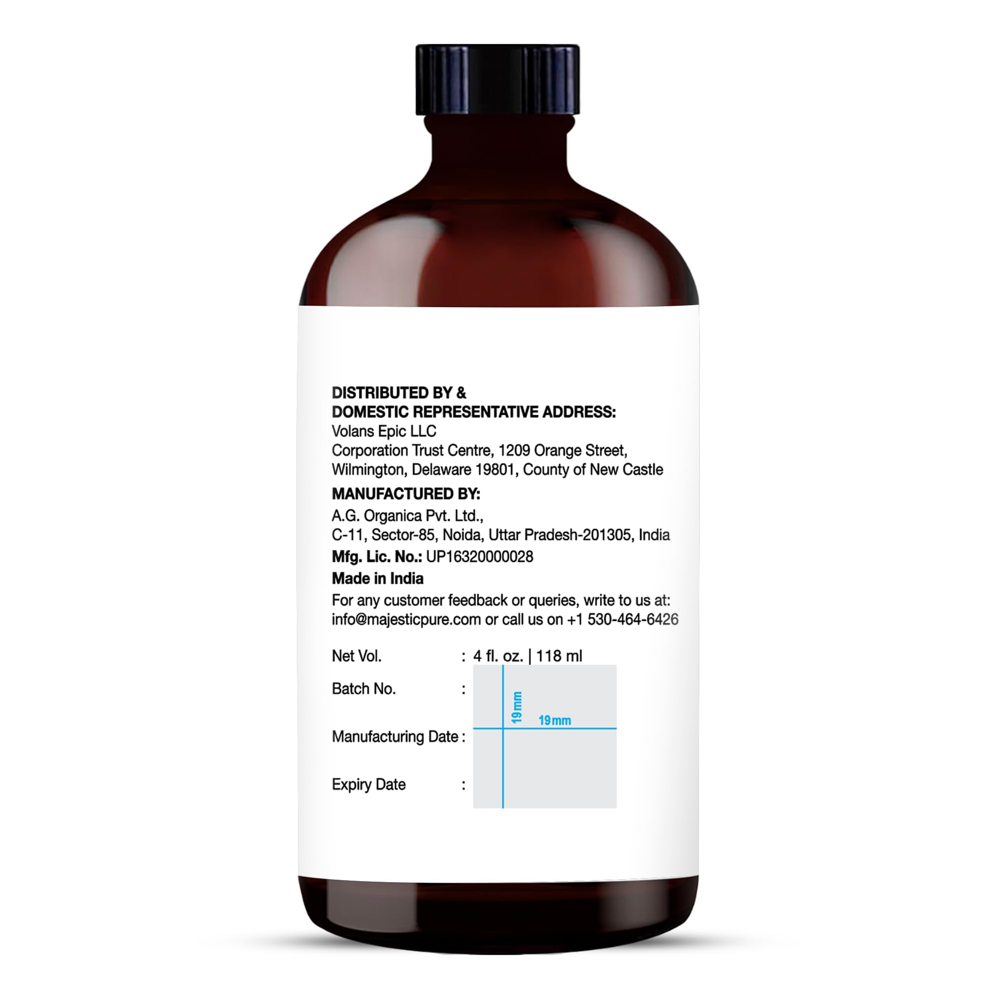 Majestic Pure Tea Tree Oil packaging features amber glass for UV protection.