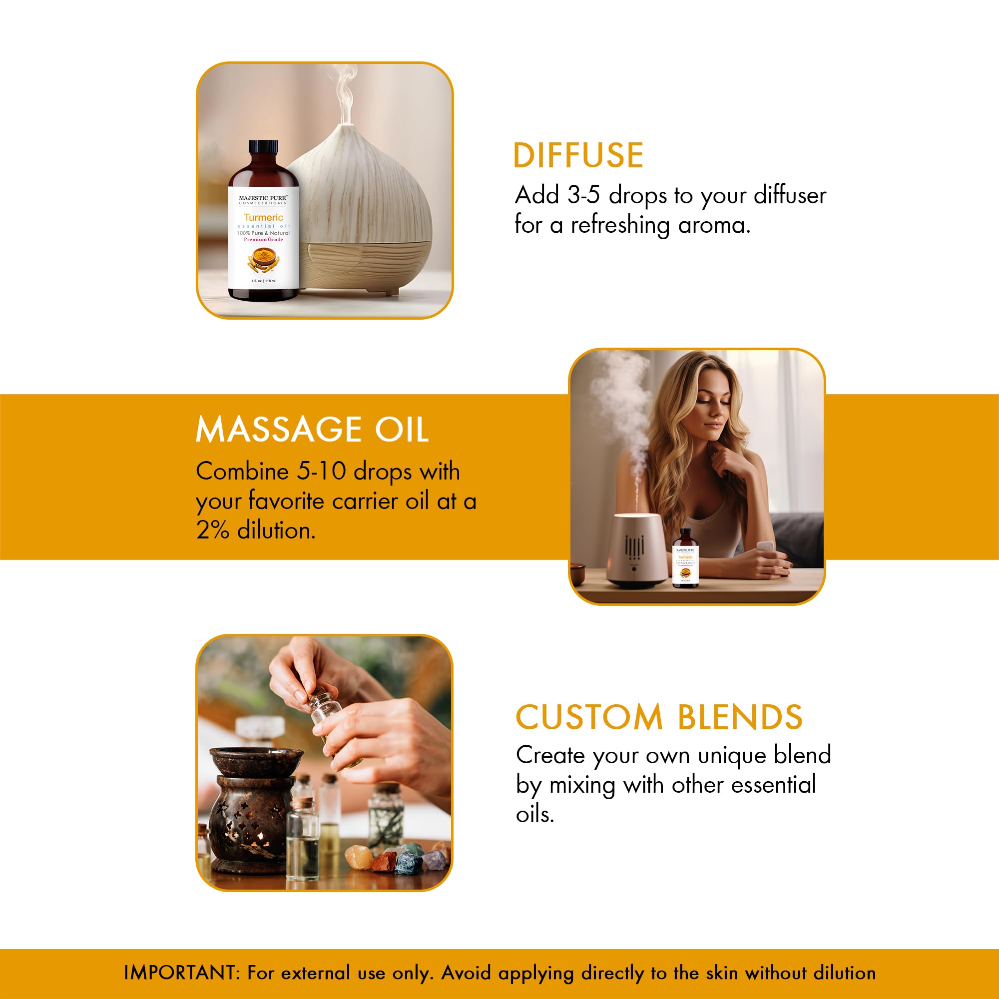 Majestic Pure turmeric oil in a diffuser scene for warm aromatherapy ambience.
