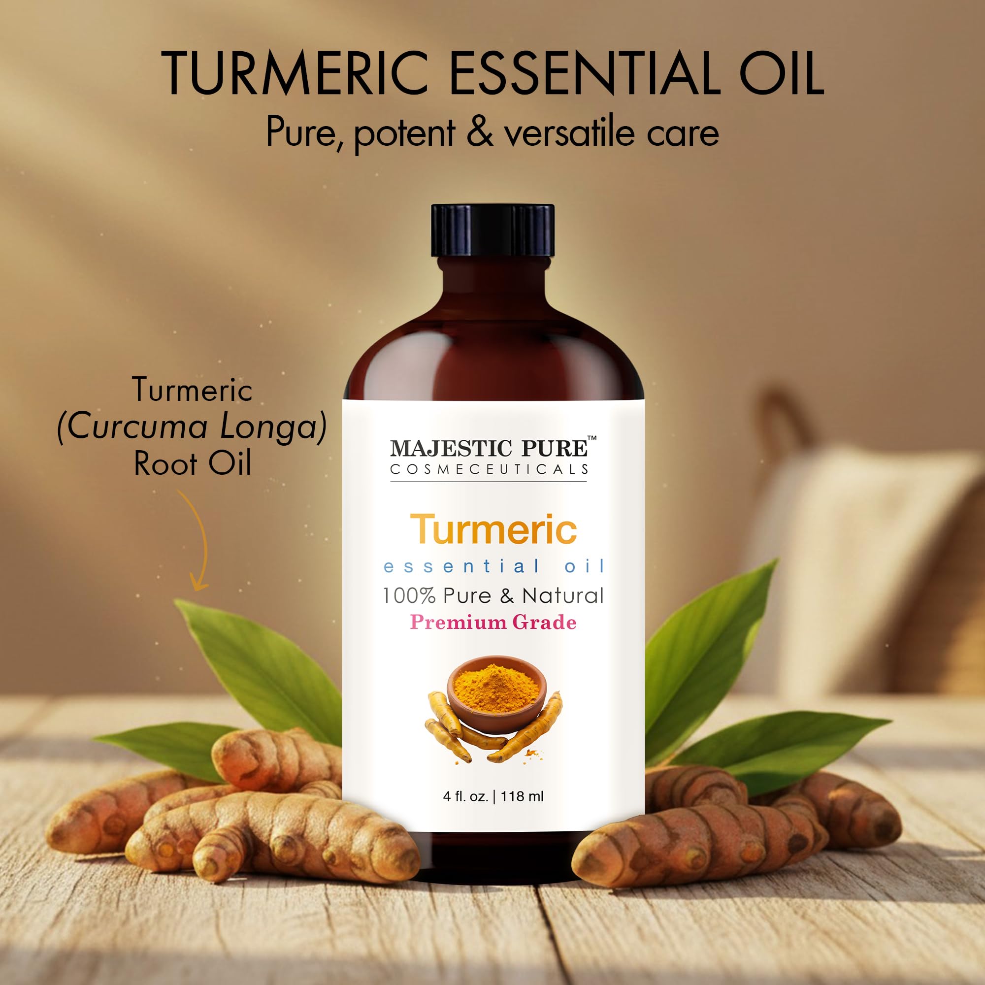 Majestic Pure turmeric oil glass dropper for precise DIY blends.