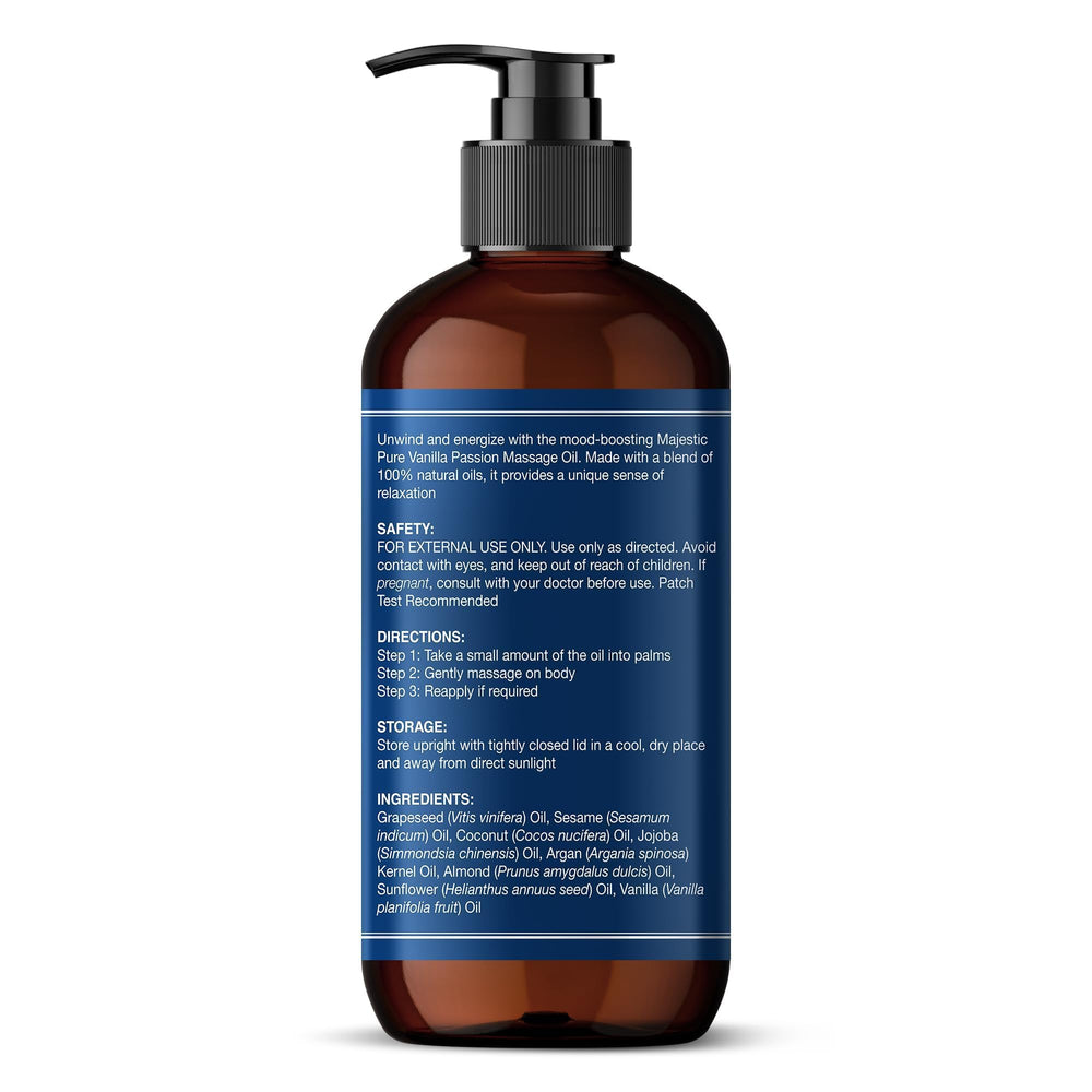 Amber bottle of Majestic Pure Vanilla Massage Oil protects the formula and maintains freshness.