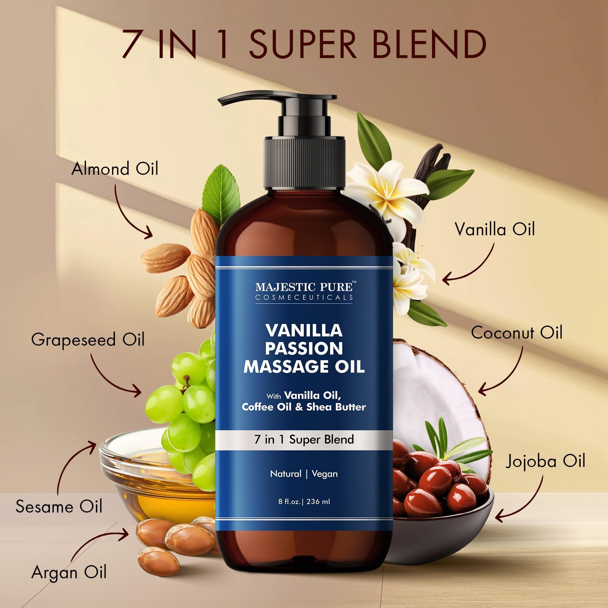 Close-up of Majestic Pure Vanilla Massage Oil shows a silky, glossy texture.