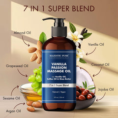 Close-up of Majestic Pure Vanilla Massage Oil shows a silky, glossy texture.