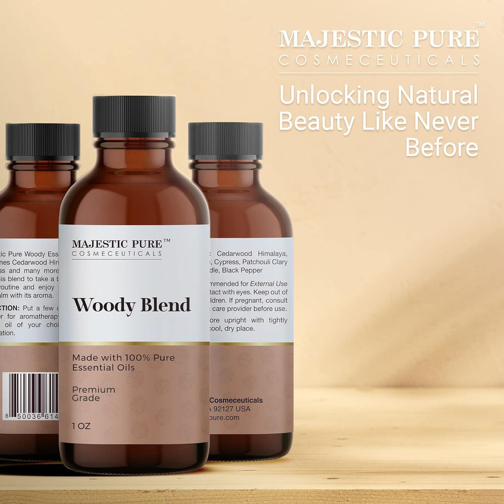Majestic Pure Wood Essential Oil Blend amber bottle with euro dropper