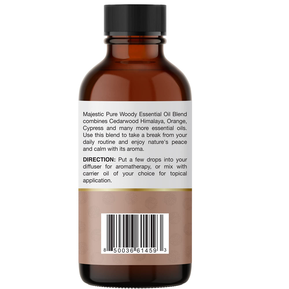 Majestic Pure Wood Essential Oil Blend cruelty-free label and packaging