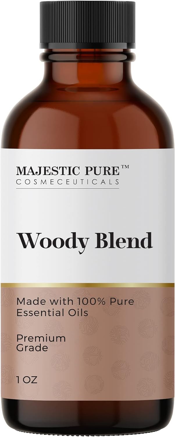 Majestic Pure Wood Essential Oil Blend pine needle bottle for calming aromatherapy