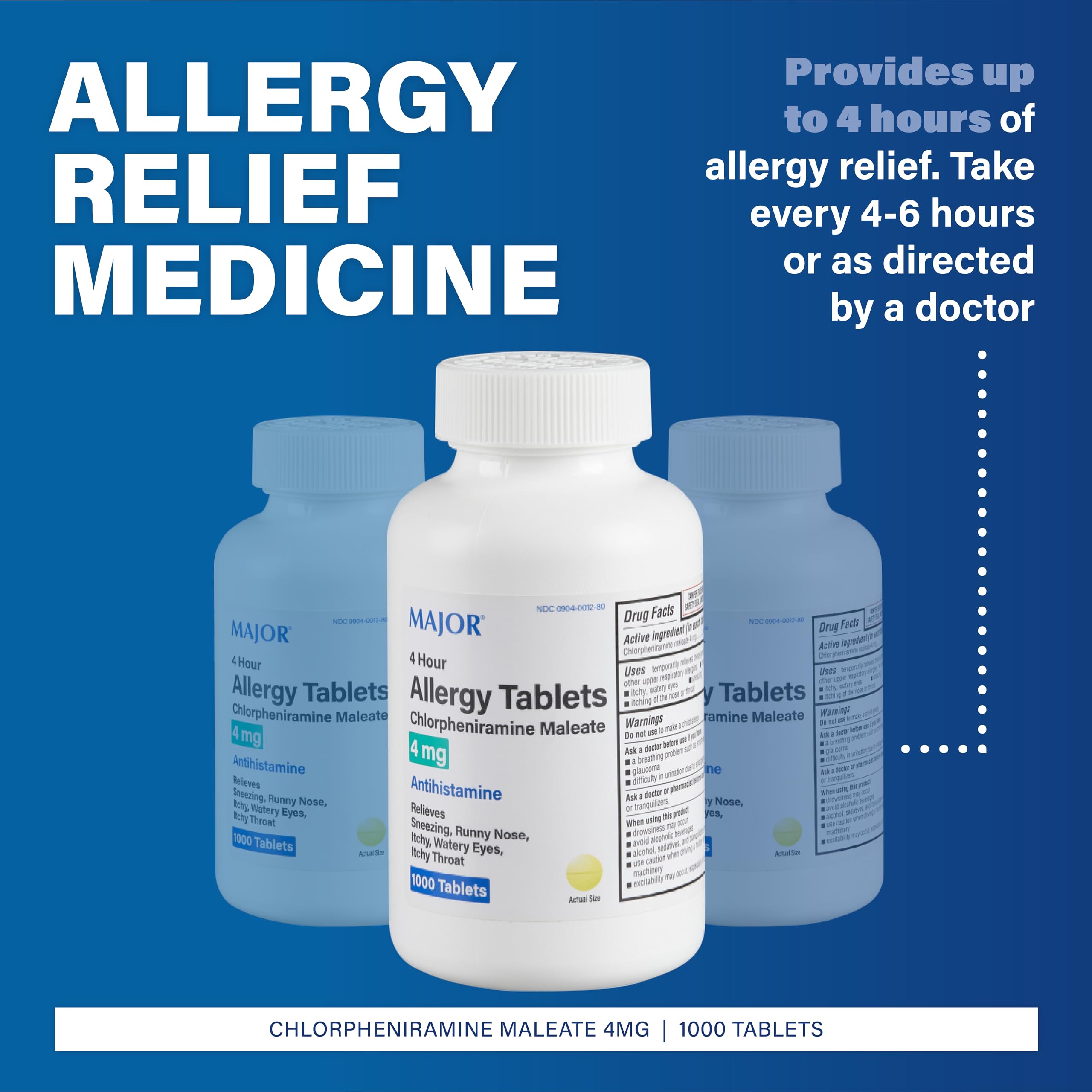 MAJOR 4 Hour Allergy Tablets bottle close-up shows 4 mg dosage for allergy relief