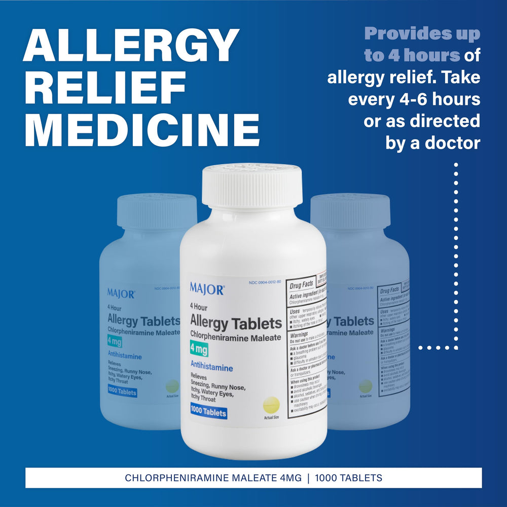 MAJOR 4 Hour Allergy Tablets bottle close-up shows 4 mg dosage for allergy relief