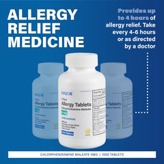 MAJOR 4 Hour Allergy Tablets bottle close-up shows 4 mg dosage for allergy relief