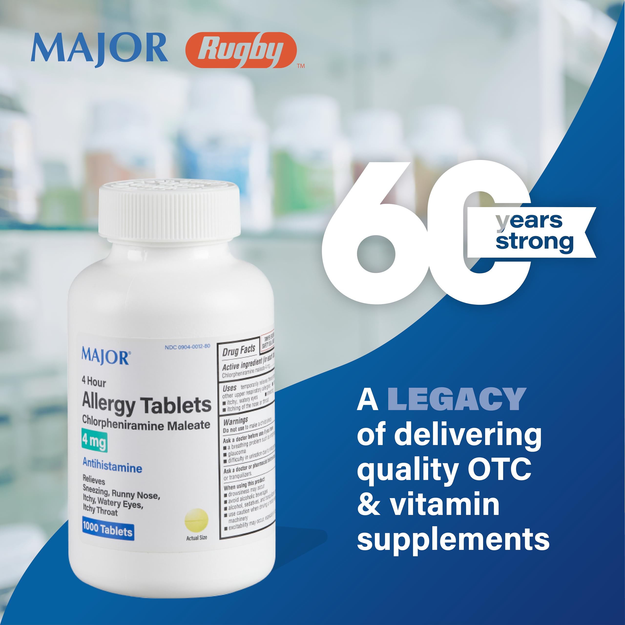 MAJOR 4 Hour Allergy Tablets close-up of a tablet with dosage details