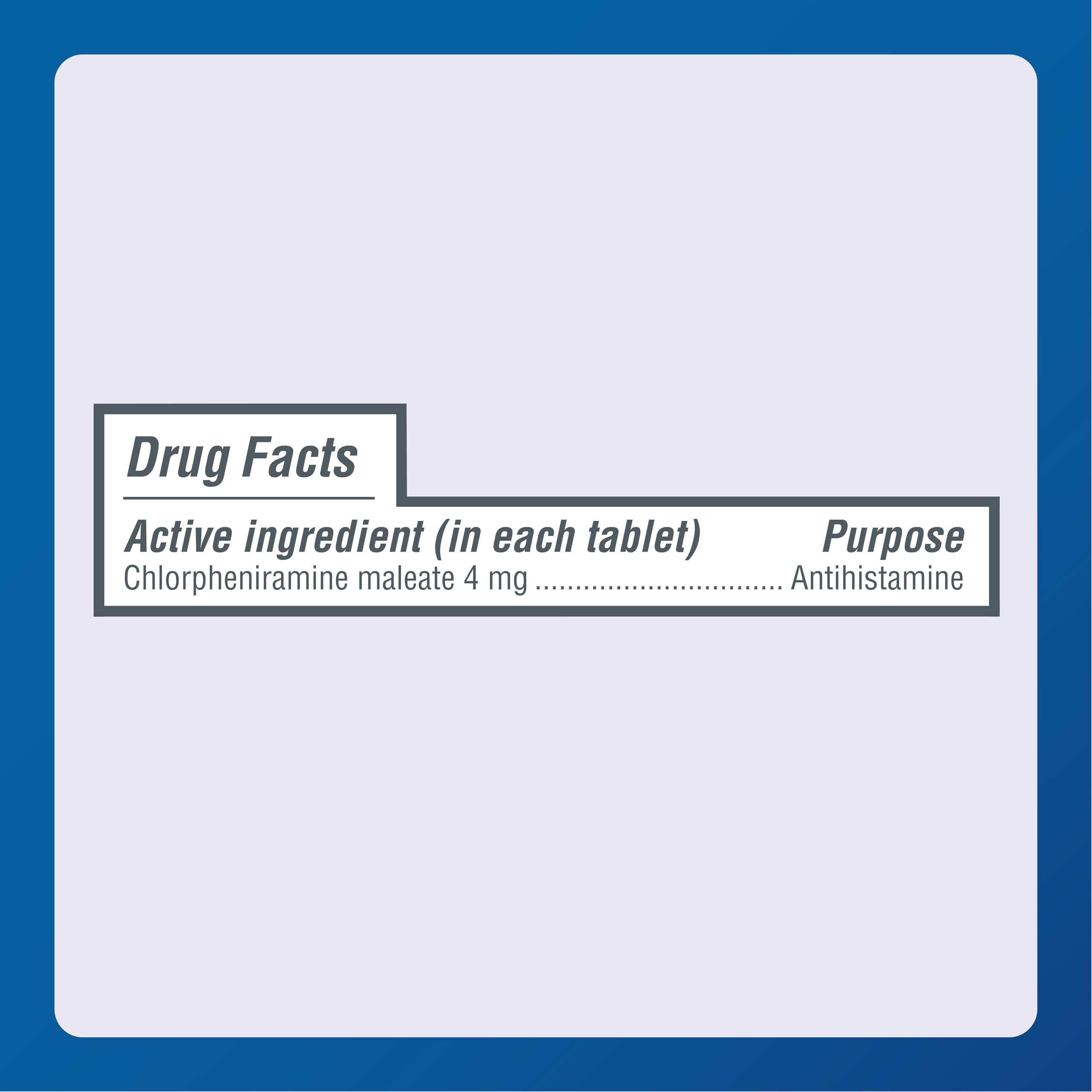 MAJOR 4 Hour Allergy Tablets label on box highlights quality OTC formulation