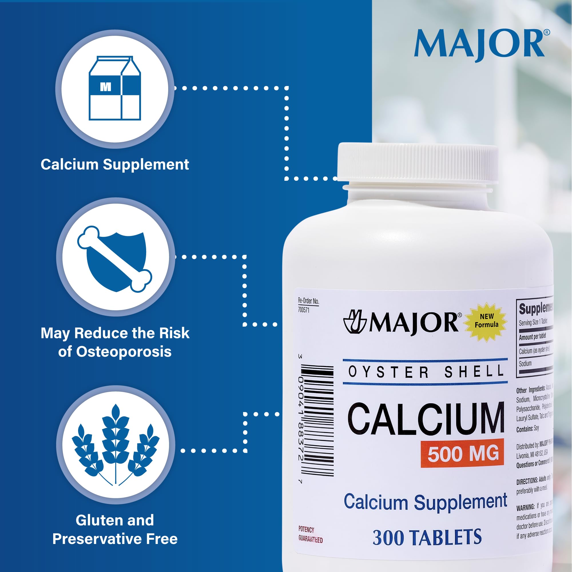 Major Calcium supplement 300 tablets bottle ready for daily use.