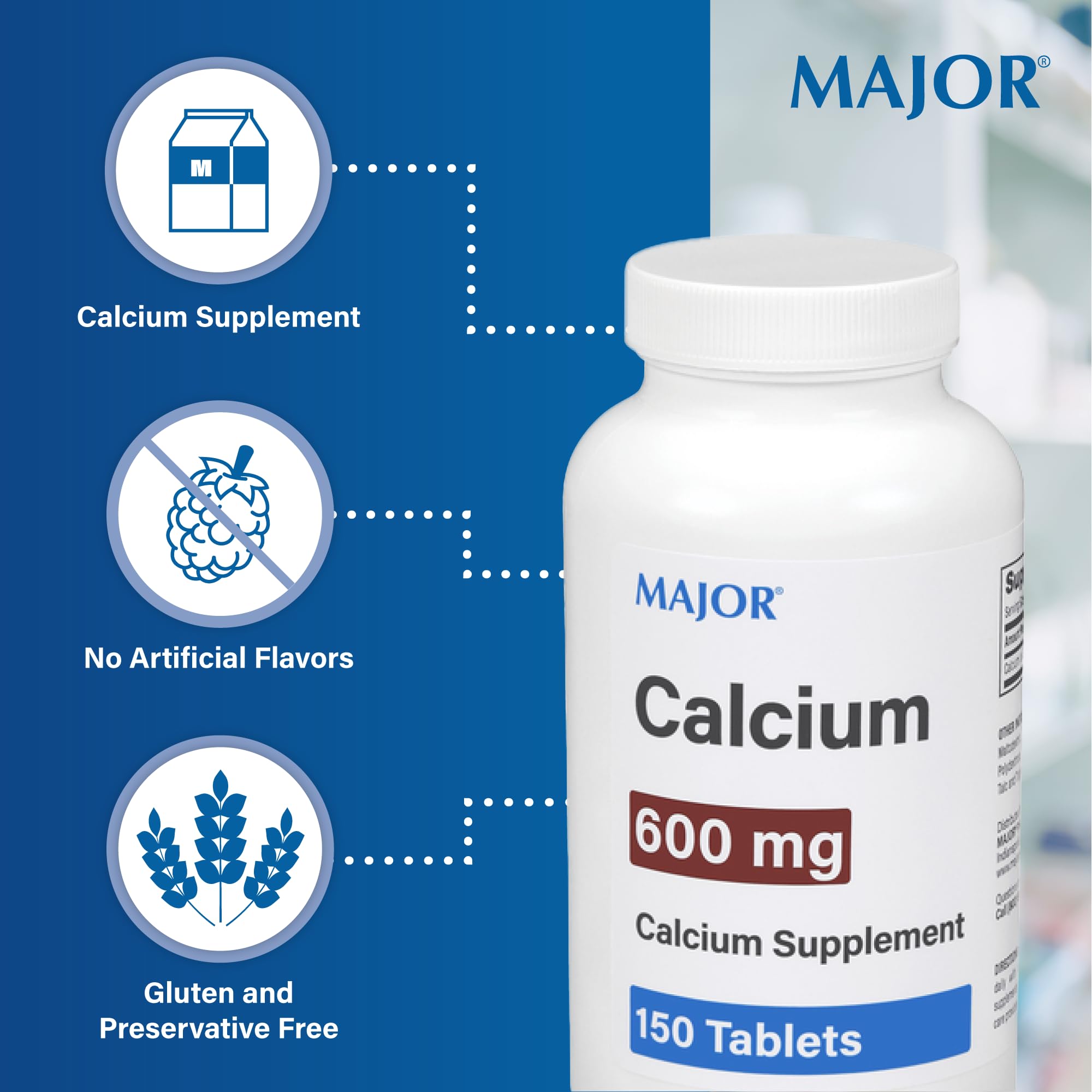 MAJOR calcium tablets close-up—calcium carbonate core for reliable daily intake.