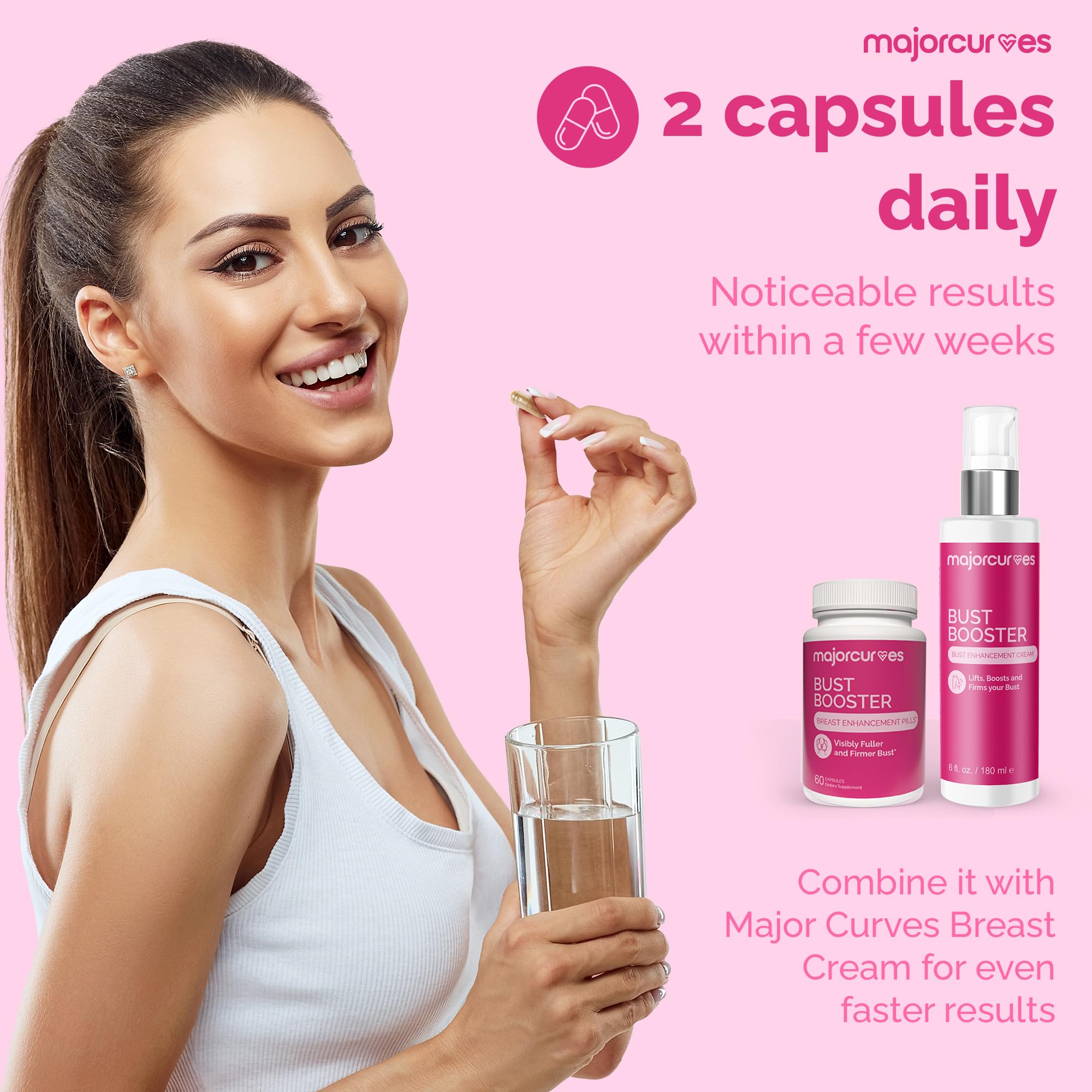 Graphic highlighting fenugreek and maca ingredients in Major Curves Bust Booster.