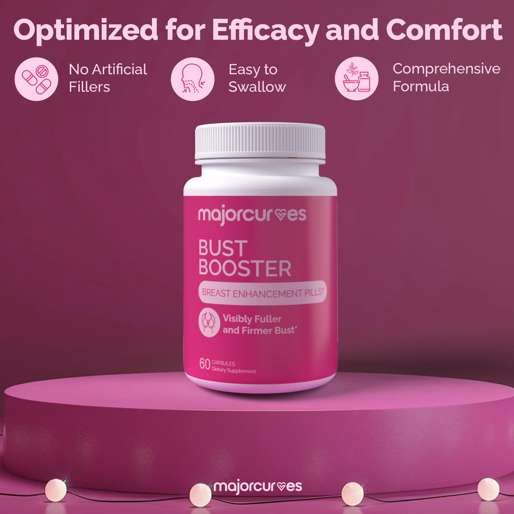 Major Curves Bust Booster packaging box emphasizing branding and quality.