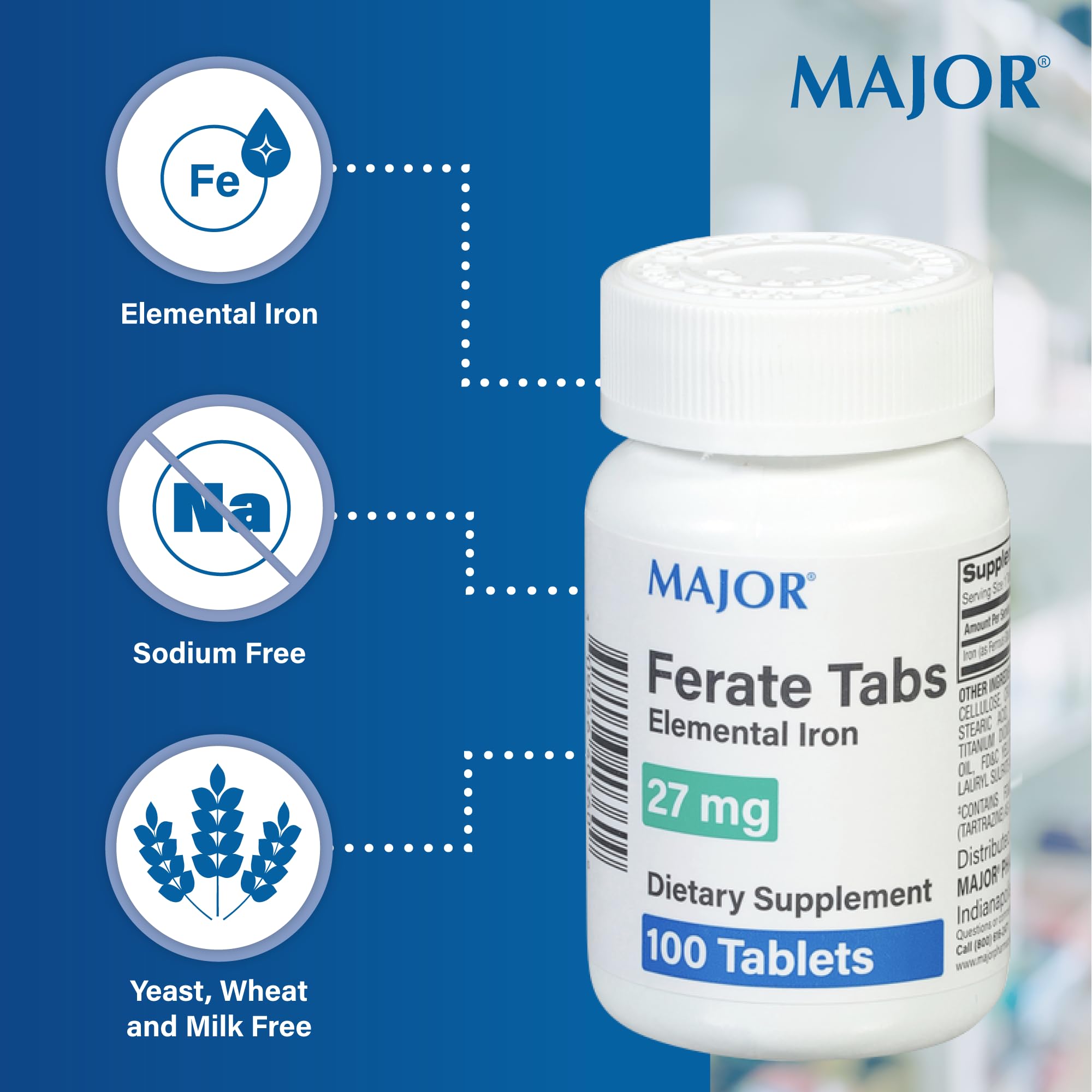 MAJOR Ferate Tabs label detail with dosage and ingredients.