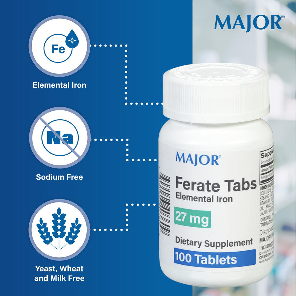 MAJOR Ferate Tabs label detail with dosage and ingredients.