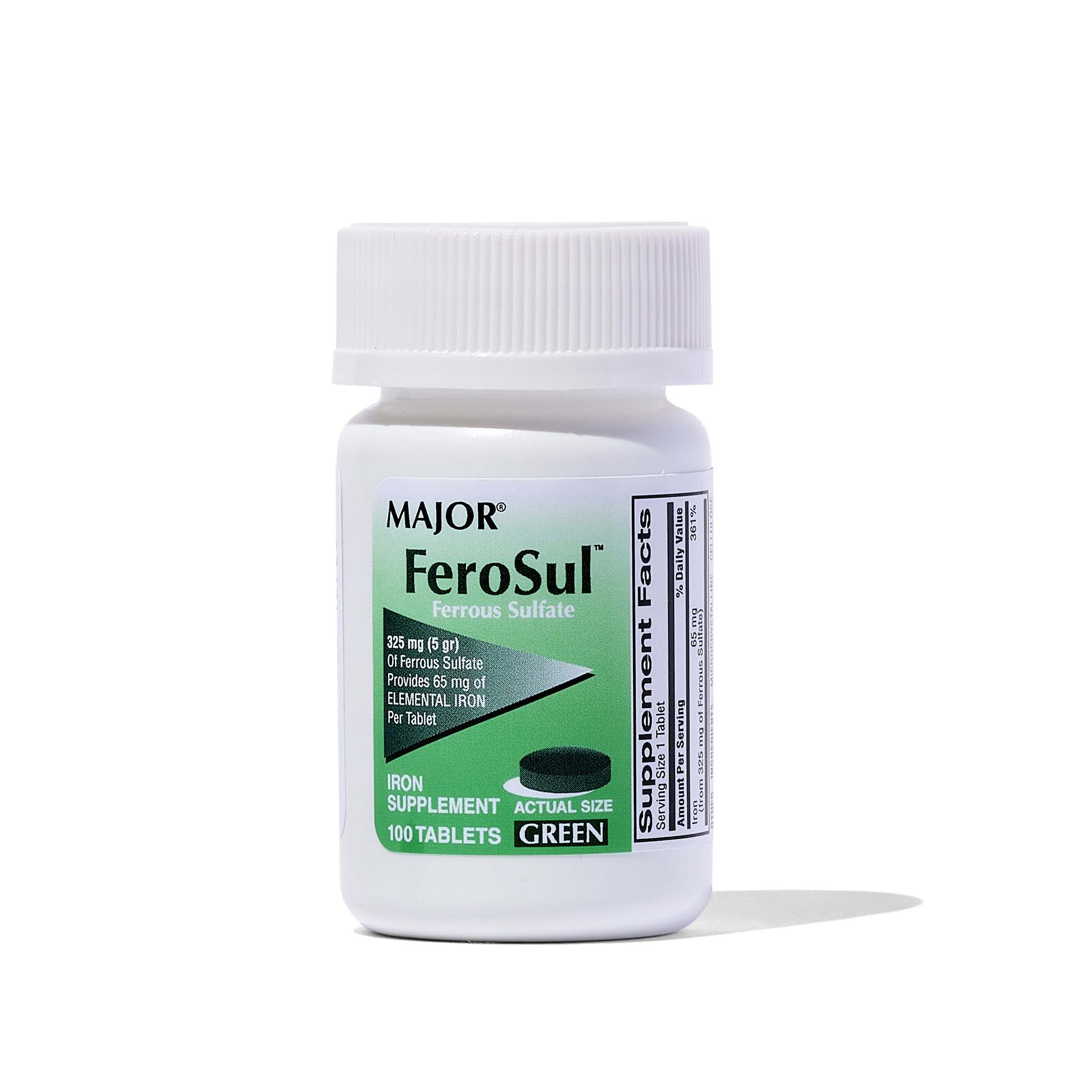 Major Ferosul green tablet packaging highlights a reliable iron supplement.