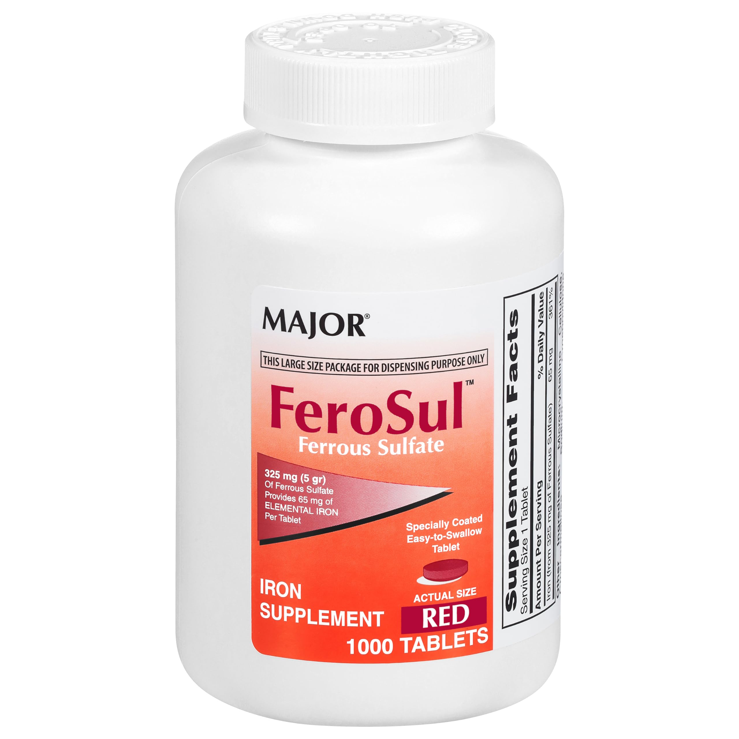 Major FeroSul ferrous sulfate tablets in a red bottle for daily iron intake