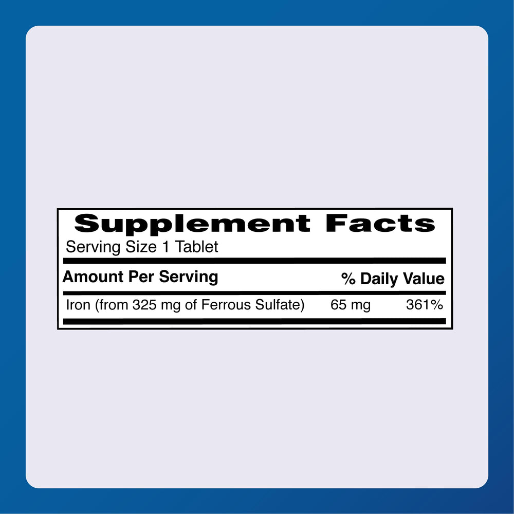 Major FeroSul bottle side label showing iron content and dosage guidance