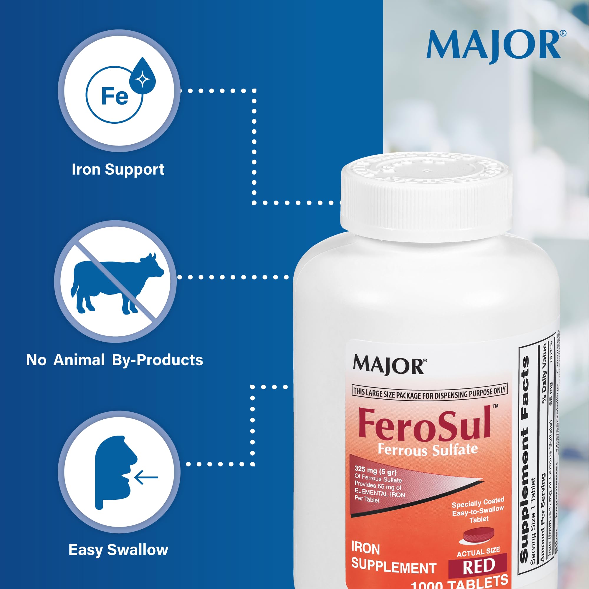 Close-up of coated ferrous sulfate tablets from Major FeroSul for easier swallowing