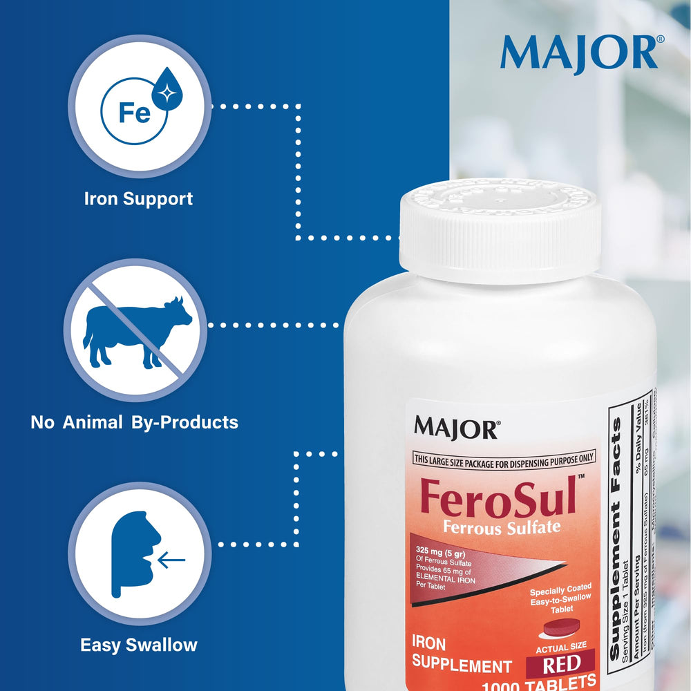 Close-up of coated ferrous sulfate tablets from Major FeroSul for easier swallowing