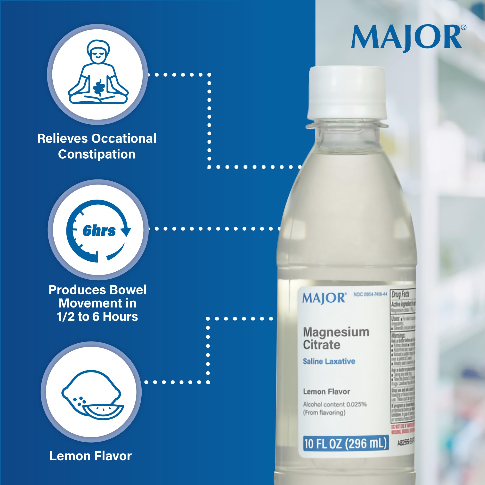 MAJOR bottle close-up highlights magnesium citrate as the active ingredient for occasional relief.