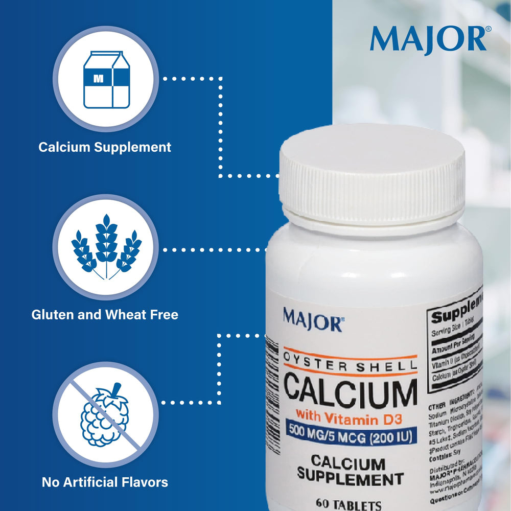 Major Oyster Shell Calcium bottle open showing tablets ready to take for daily use.