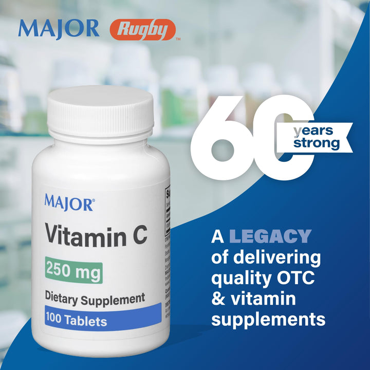 MAJOR Vitamin C 250 mg packaging image conveys accessibility through a 100-tablet pack.