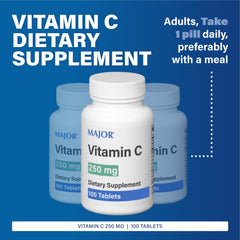 MAJOR Vitamin C 250 mg tablet closeup emphasizes crisp, easily swallowed daily dose.