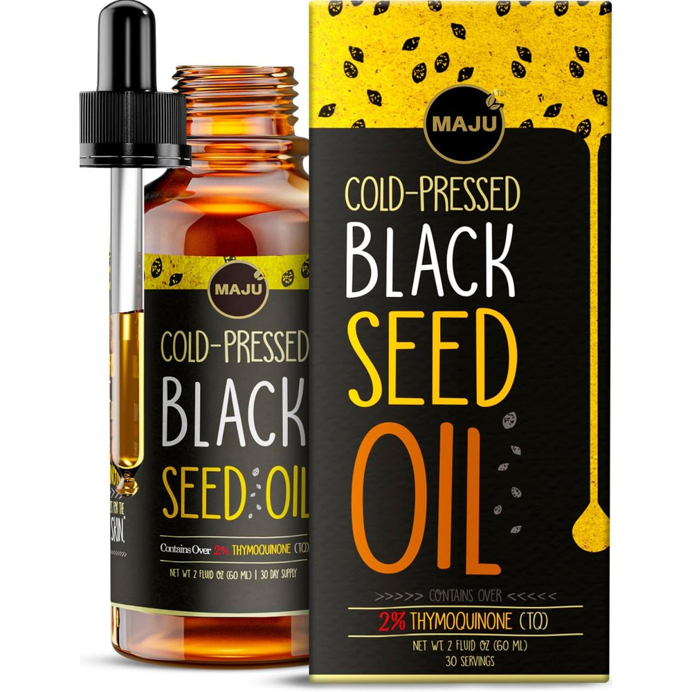 Maju Black Seed Oil bottle closeup shows purity and versatile use for skin support