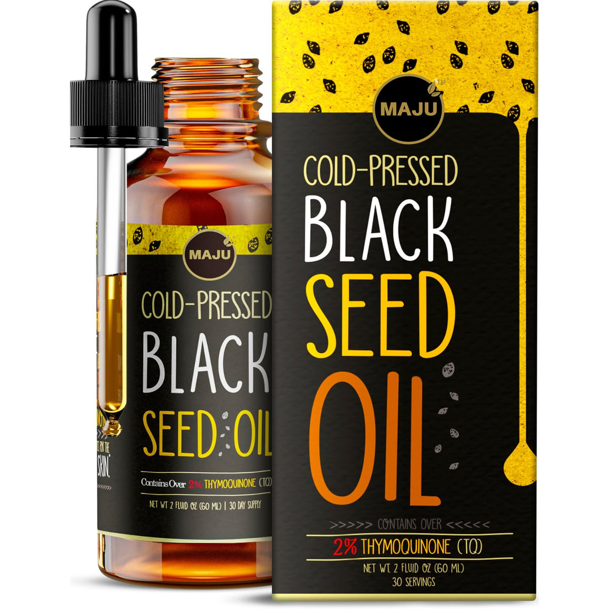 Maju Black Seed Oil bottle closeup shows purity and versatile use for skin support