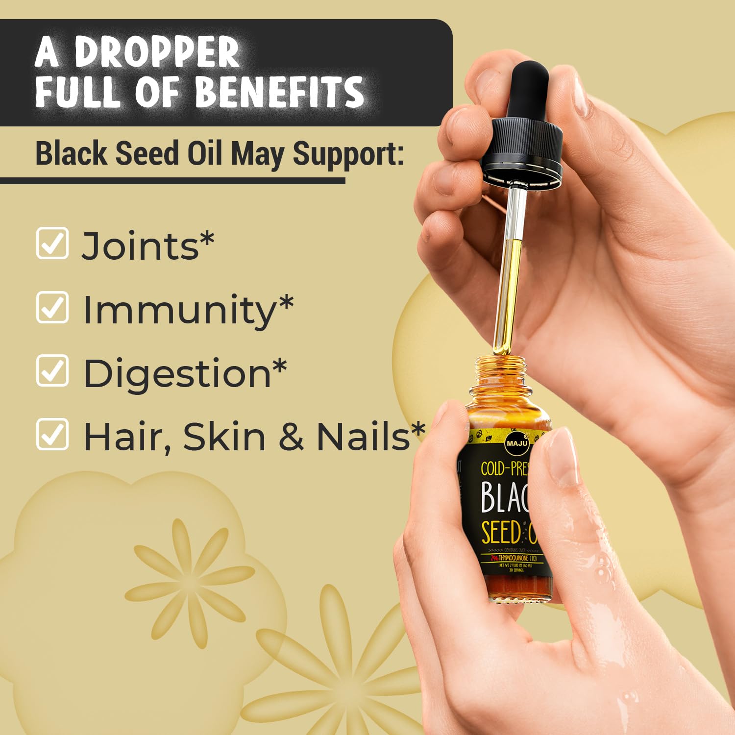 Maju Black Seed Oil cap-open image emphasizes accessibility of a travel-friendly 2 oz bottle